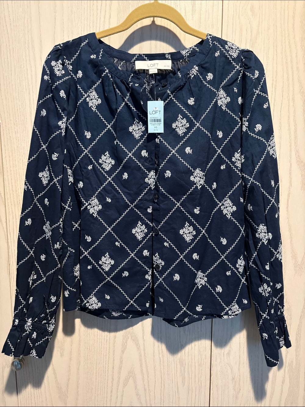LOFT Navy White Floral Diamond-Print Button Front Blouse